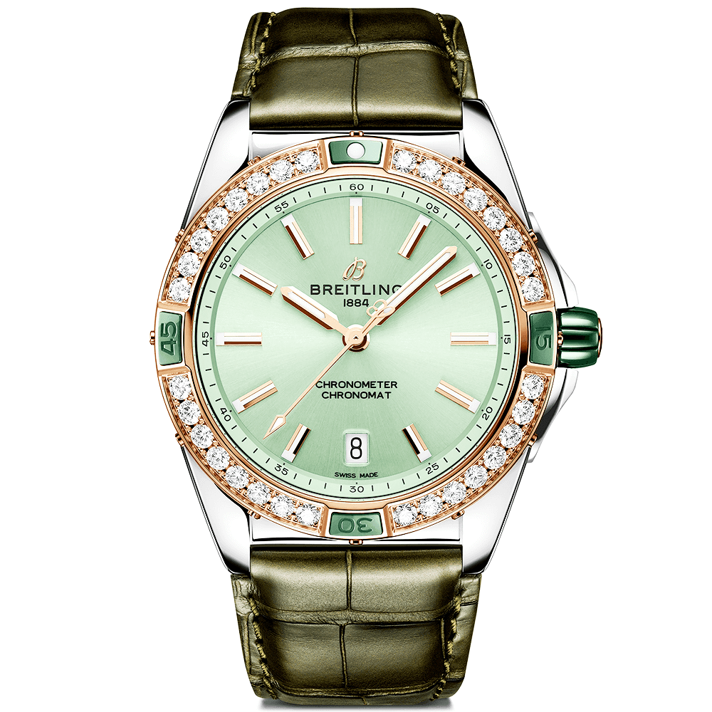 Breitling Super Chronomat 38mm Mint Green Dial Two-Tone Leather Strap Watch - Berry's Jewellers