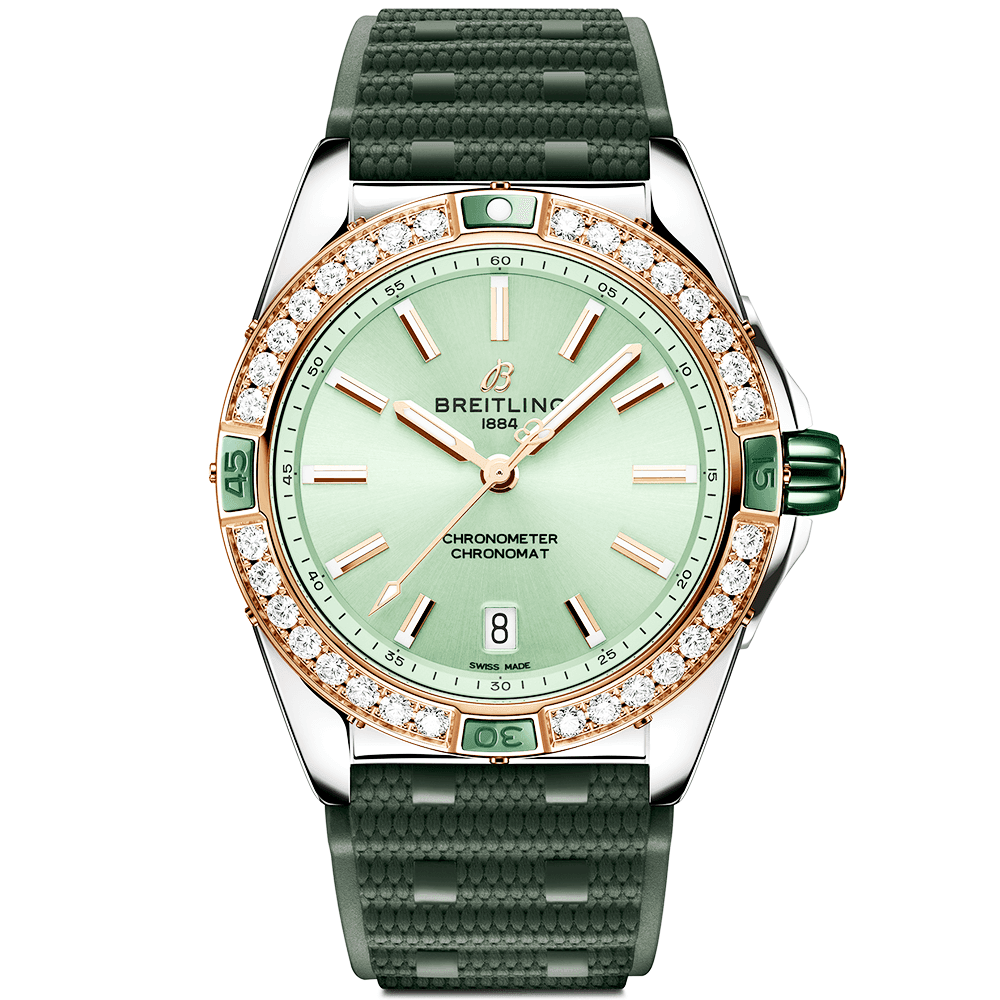 Breitling Super Chronomat 38mm Mint Green Dial Two-Tone Rubber Strap Watch - Berry's Jewellers