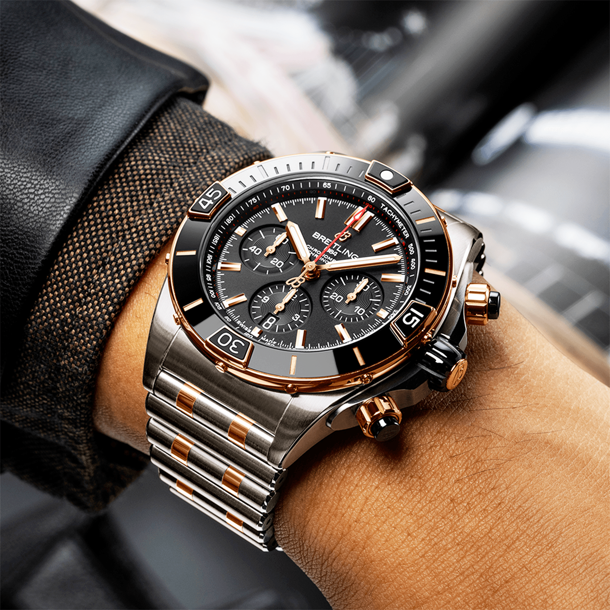 Super Chronomat 44mm Two-Tone Black Dial & Ceramic Bezel Bracelet Watch