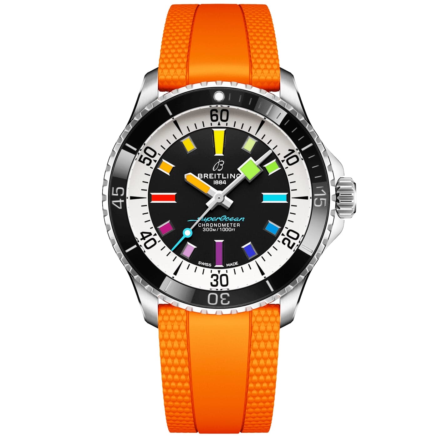 Breitling Superocean 42mm Rainbow Dial Automatic Orange Strap Watch - Berry's Jewellers