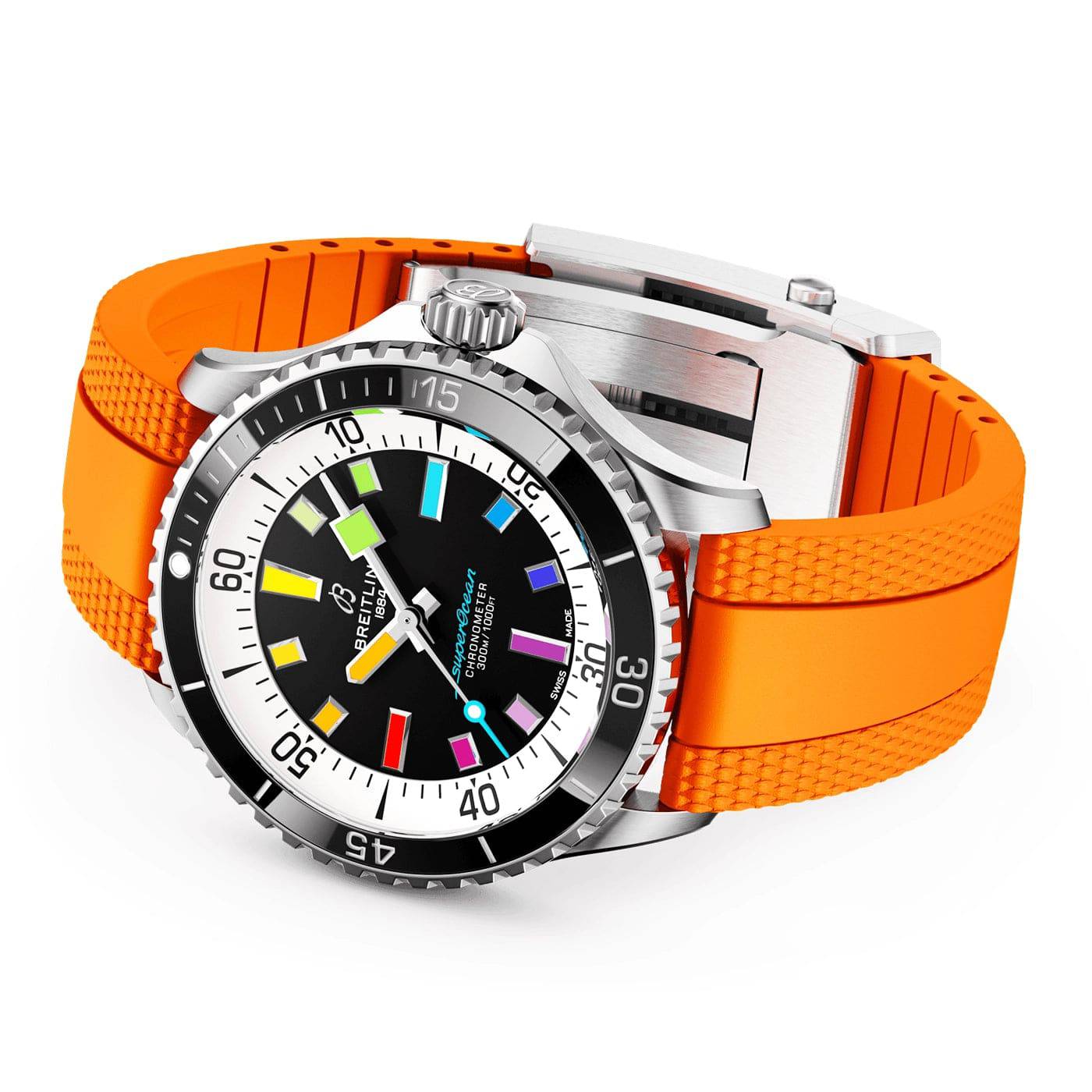 Breitling Superocean 42mm Rainbow Dial Automatic Orange Strap Watch - Berry's Jewellers