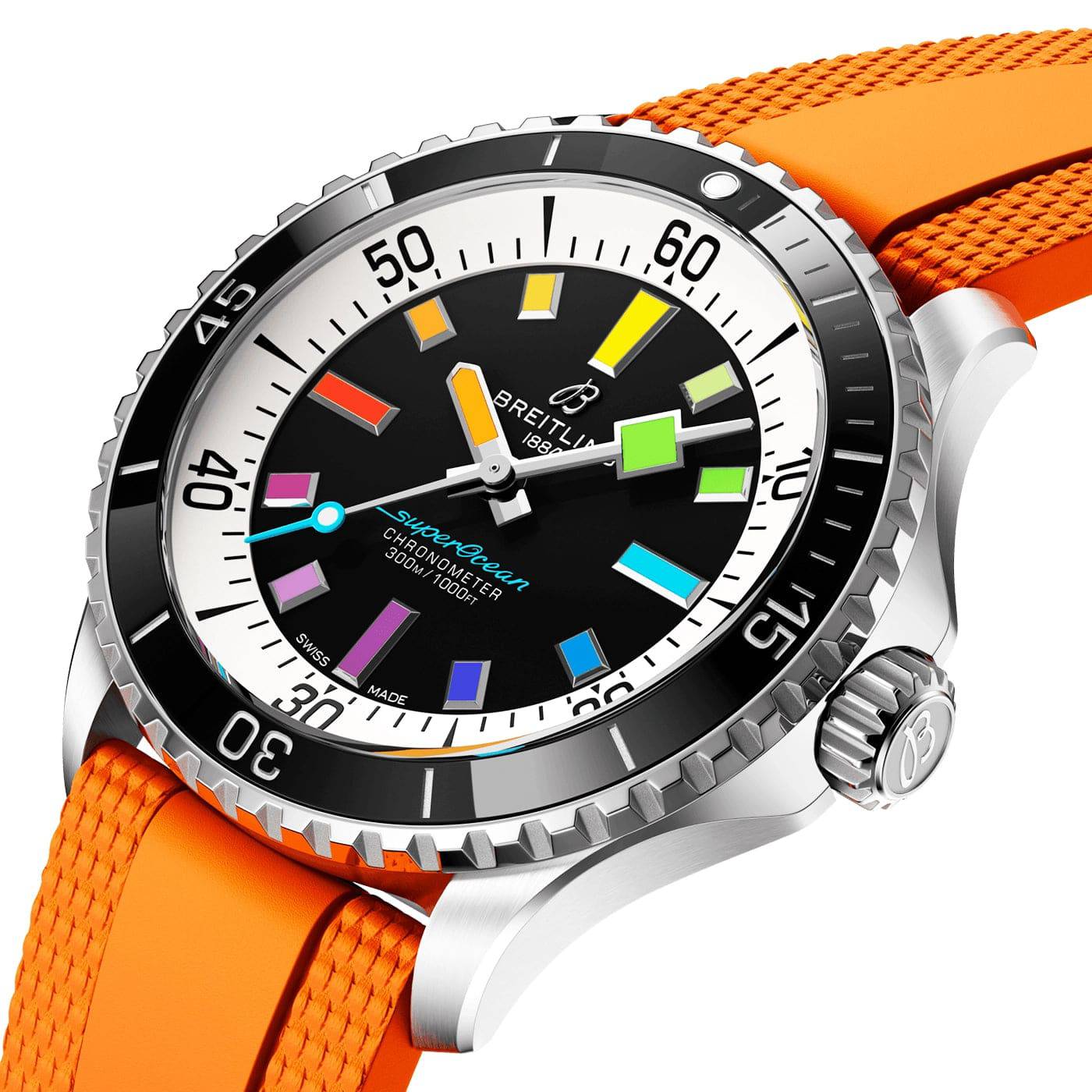 Breitling Superocean 42mm Rainbow Dial Automatic Orange Strap Watch - Berry's Jewellers