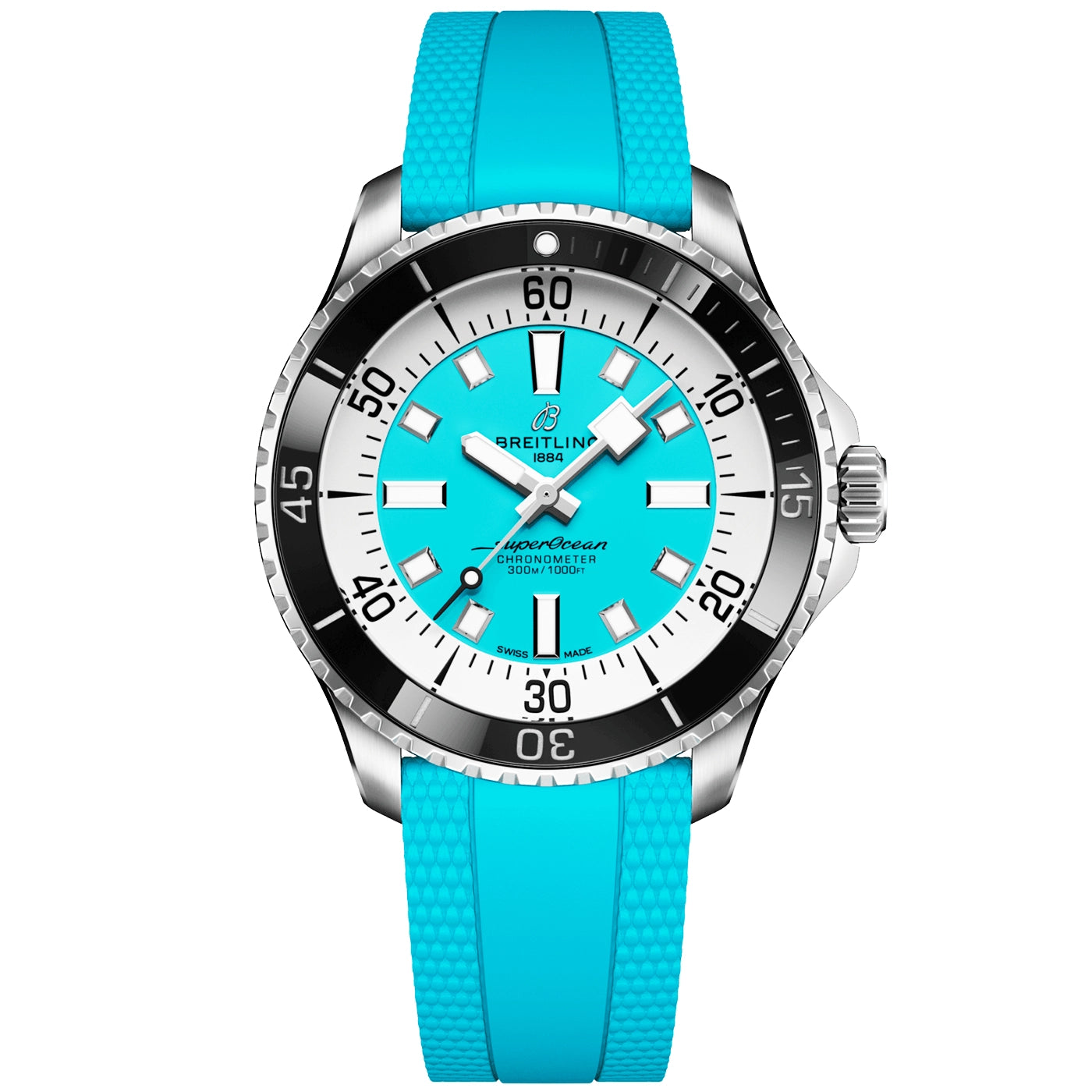 Breitling Superocean 44mm Turquoise Dial Men's Automatic Rubber Strap Watch - Berry's Jewellers