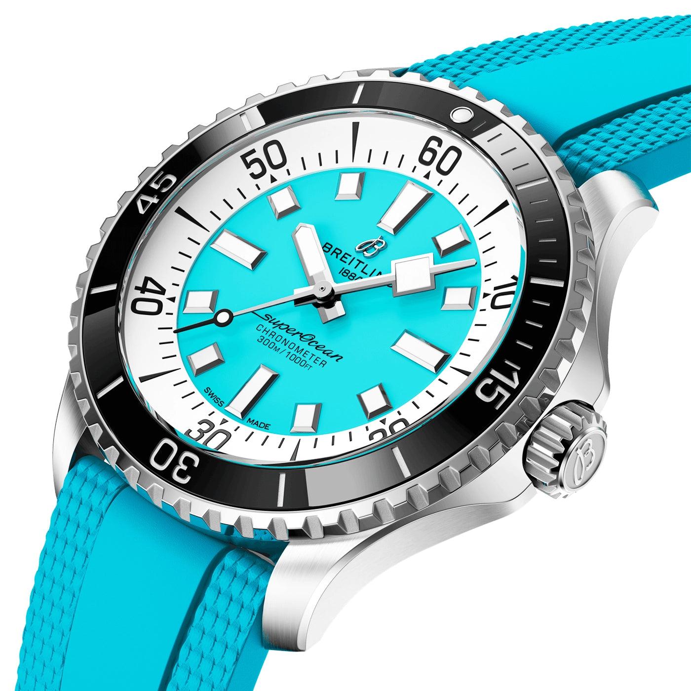 Breitling Superocean 44mm Turquoise Dial Men's Automatic Rubber Strap Watch - Berry's Jewellers