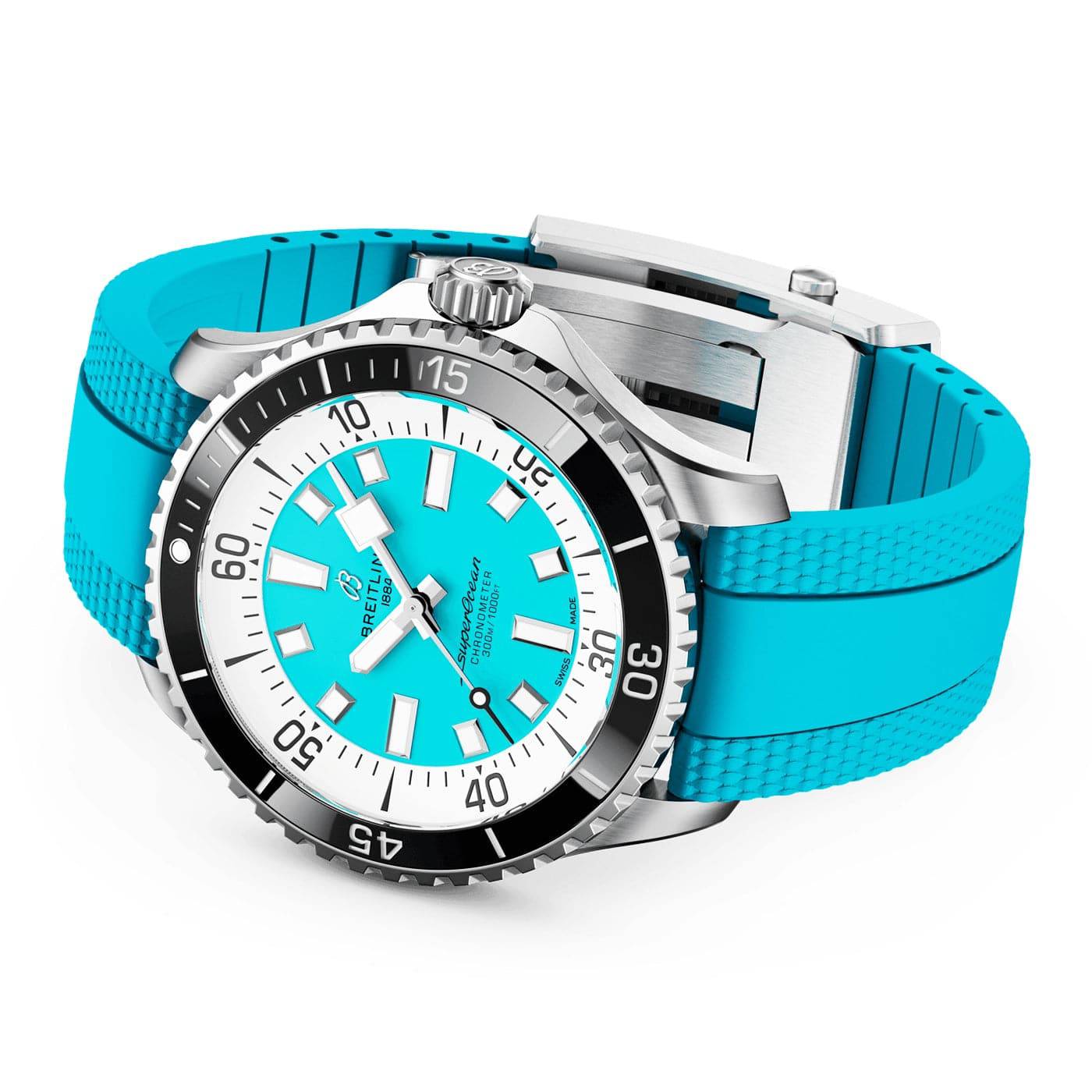 Breitling Superocean 44mm Turquoise Dial Men's Automatic Rubber Strap Watch - Berry's Jewellers