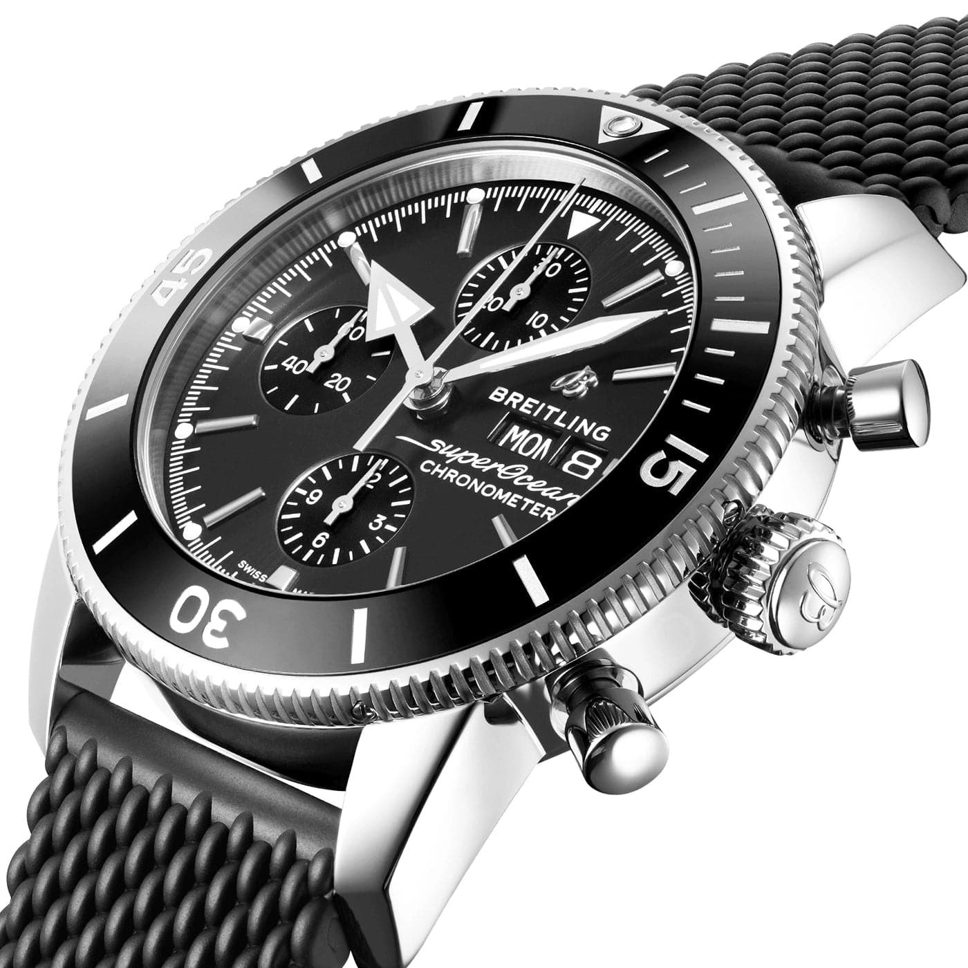 Superocean Heritage II 44mm Black Dial Day/Date Strap Watch