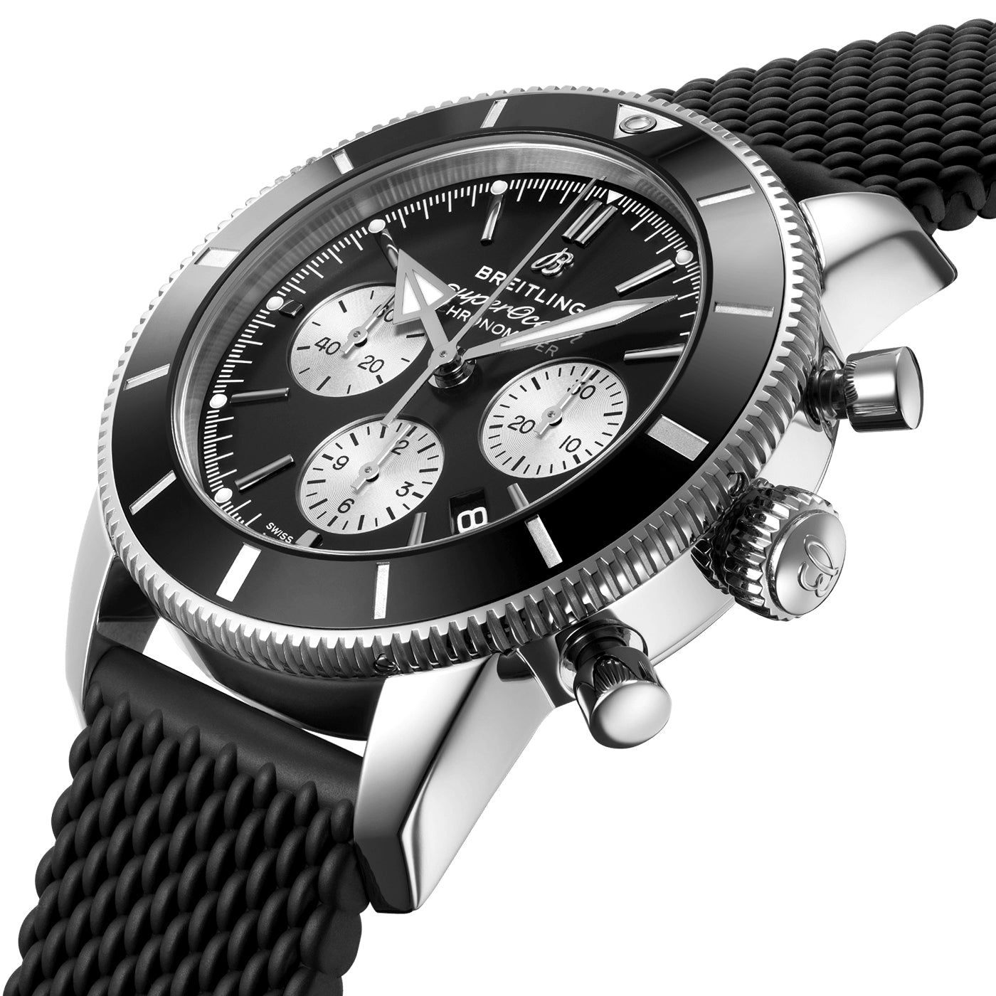 Superocean Heritage II 44mm Black/Silver Dial Rubber Strap Watch