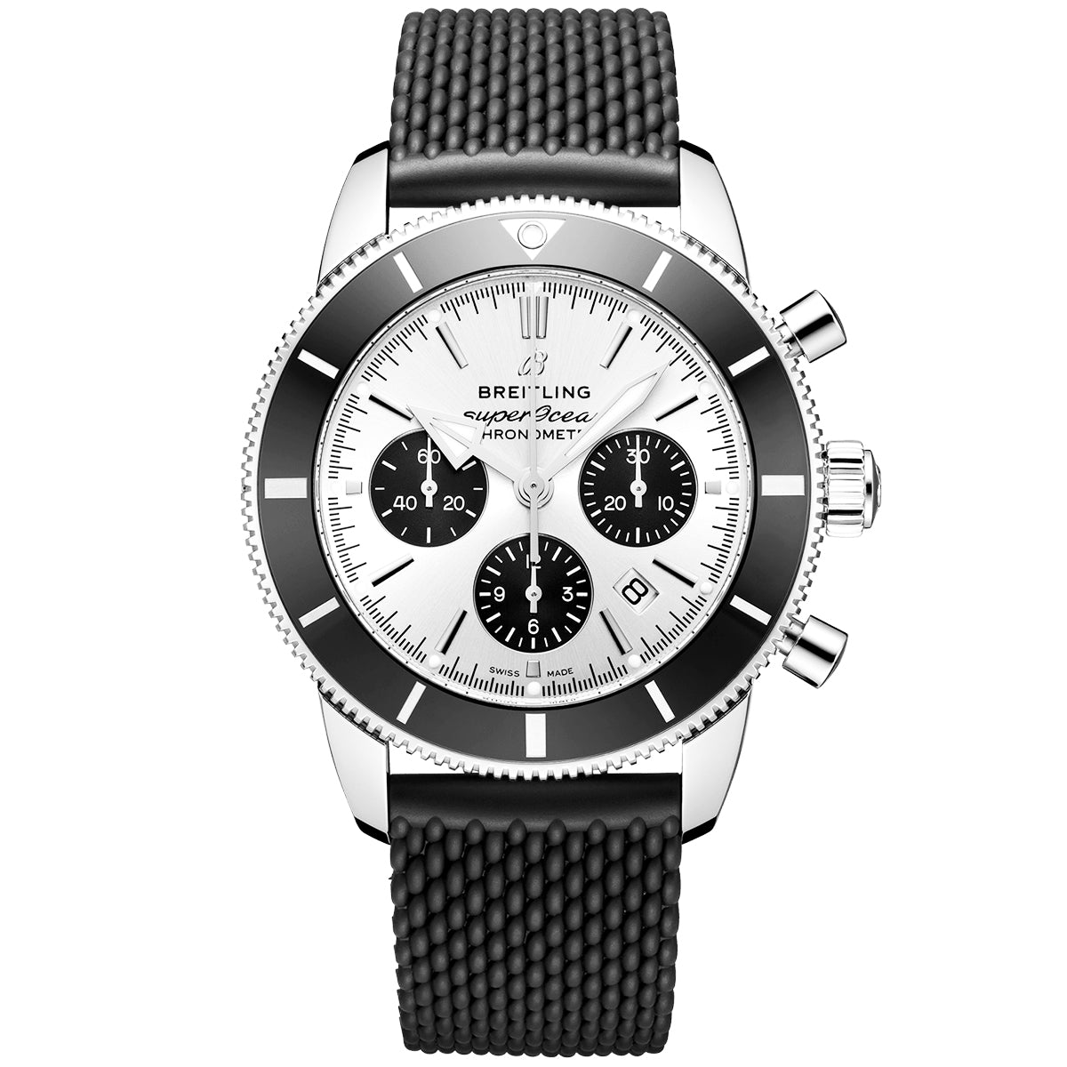 Superocean Heritage II 44mm Silver/Black Dial Rubber Strap Watch