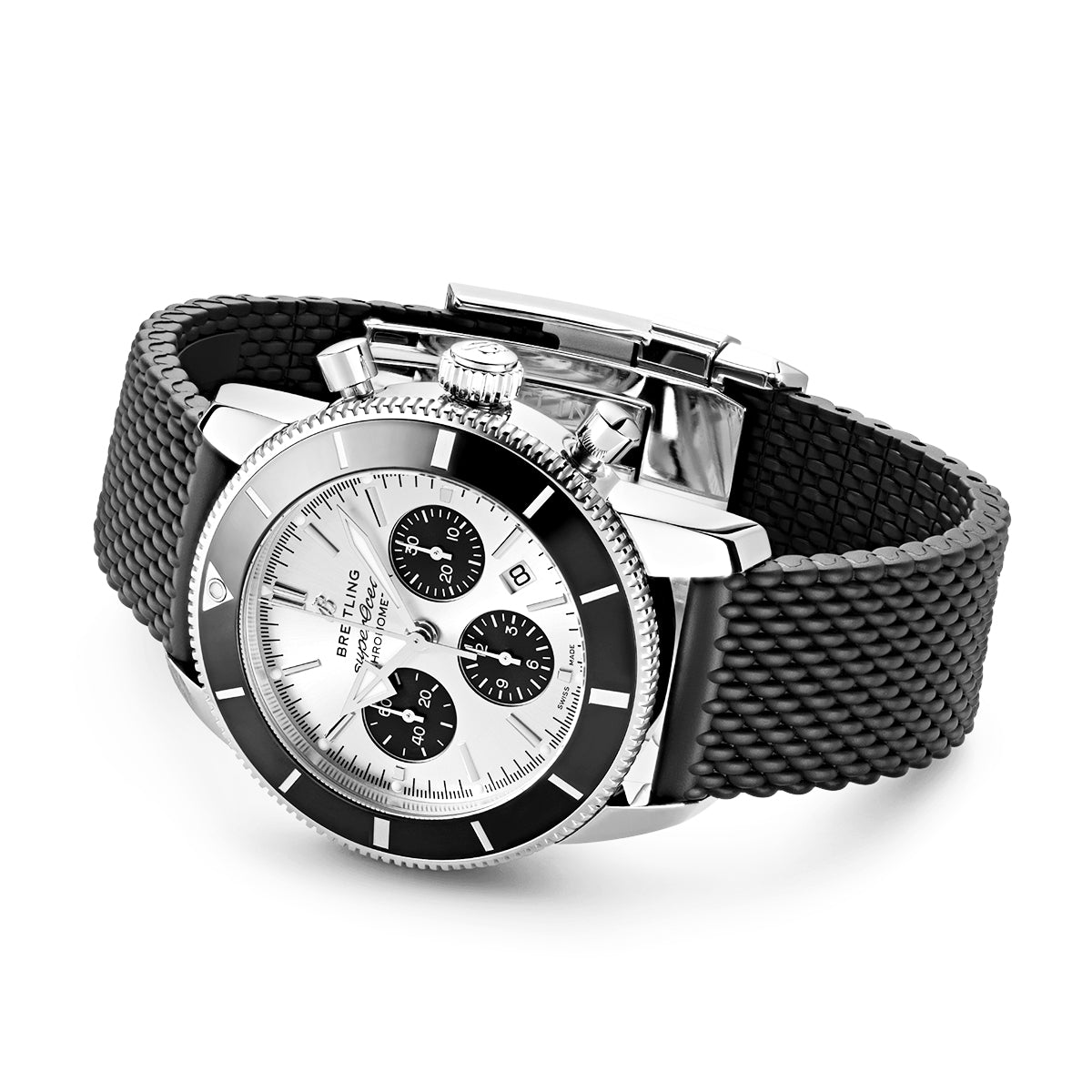 Superocean Heritage II 44mm Silver/Black Dial Rubber Strap Watch