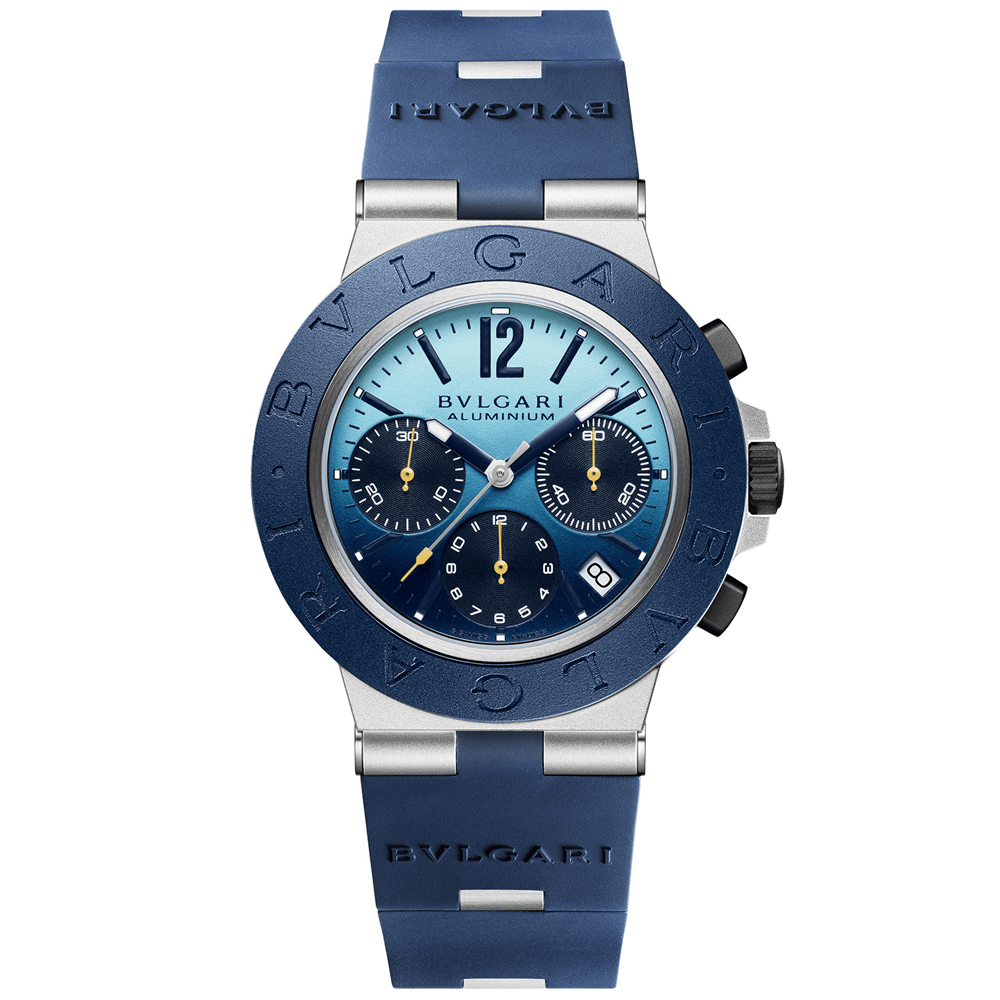 Bvlgari Aluminium 40mm Capri Edition Chronograph Rubber Strap Watch - Berry's Jewellers