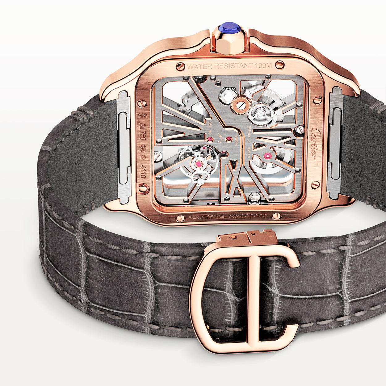 Cartier Santos de Cartier Large 18ct Rose Gold Skeleton Dial Strap Watch - Berry's Jewellers