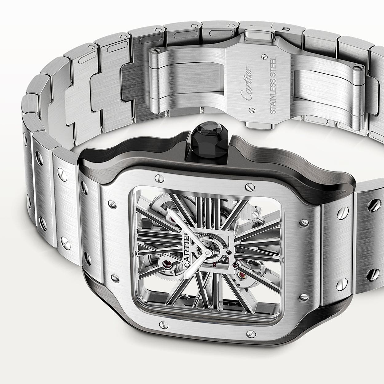 Cartier Santos de Cartier Large Skeleton Steel & Black ADLC Watch - Berry's Jewellers