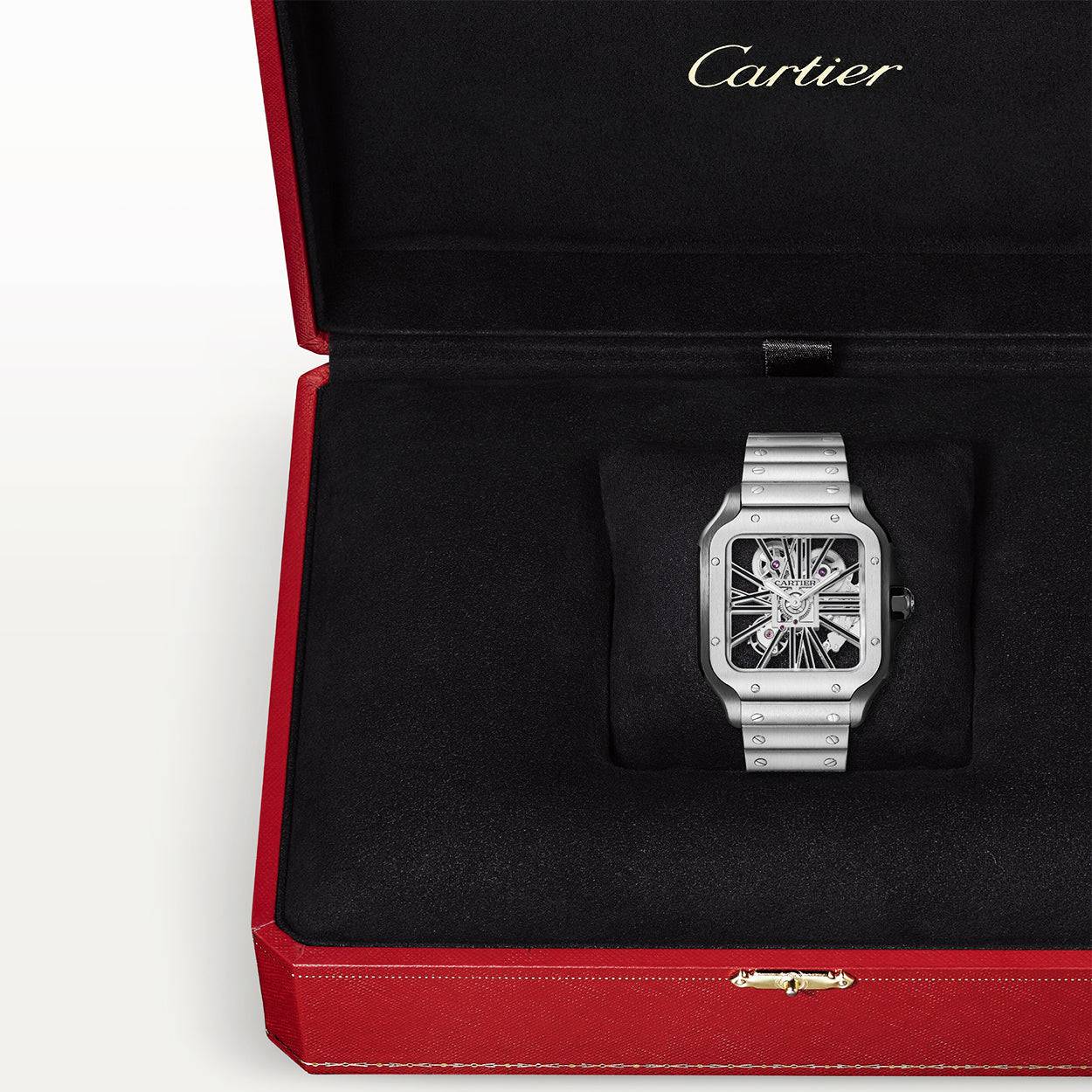 Cartier Santos de Cartier Large Skeleton Steel & Black ADLC Watch - Berry's Jewellers