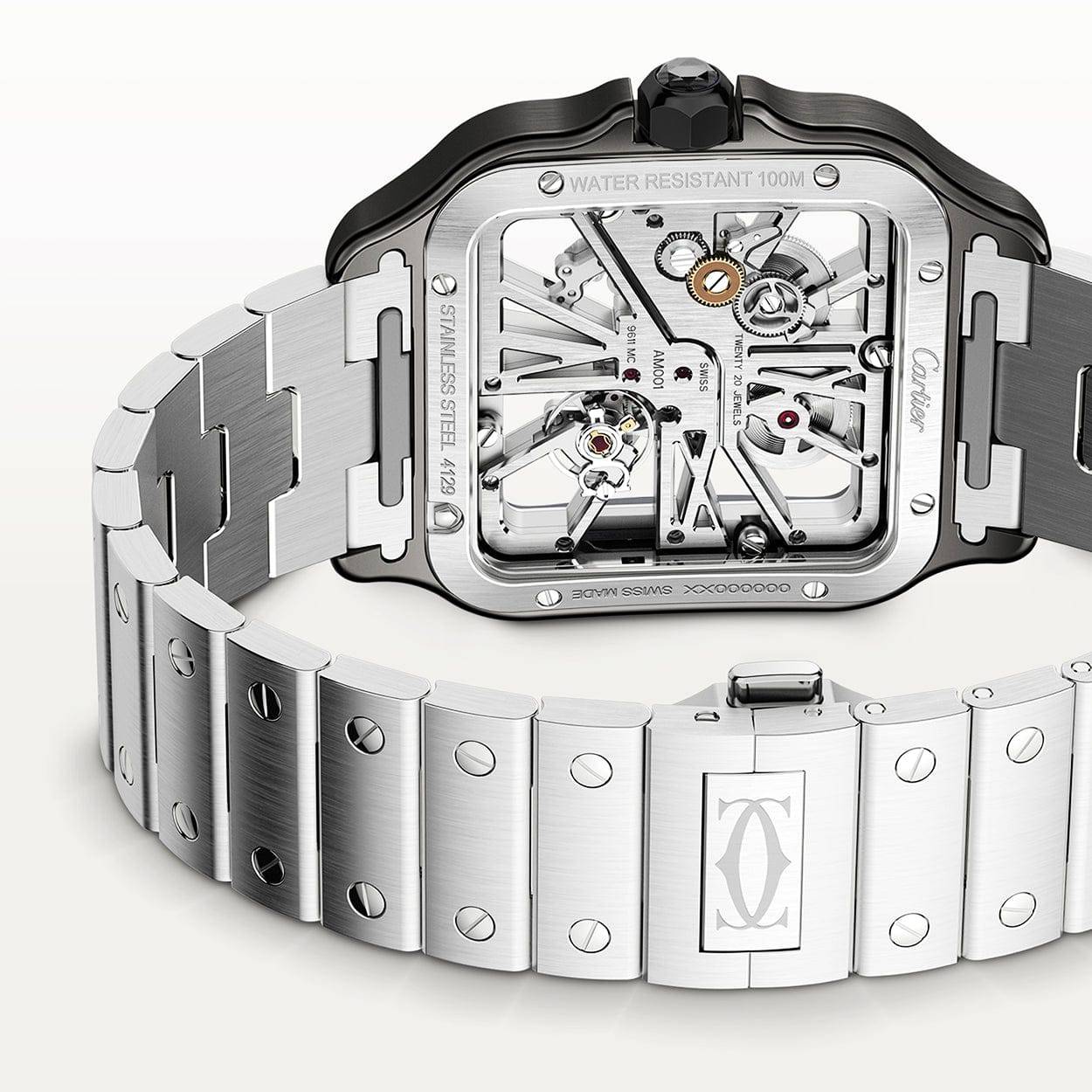 Cartier Santos de Cartier Large Skeleton Steel & Black ADLC Watch - Berry's Jewellers