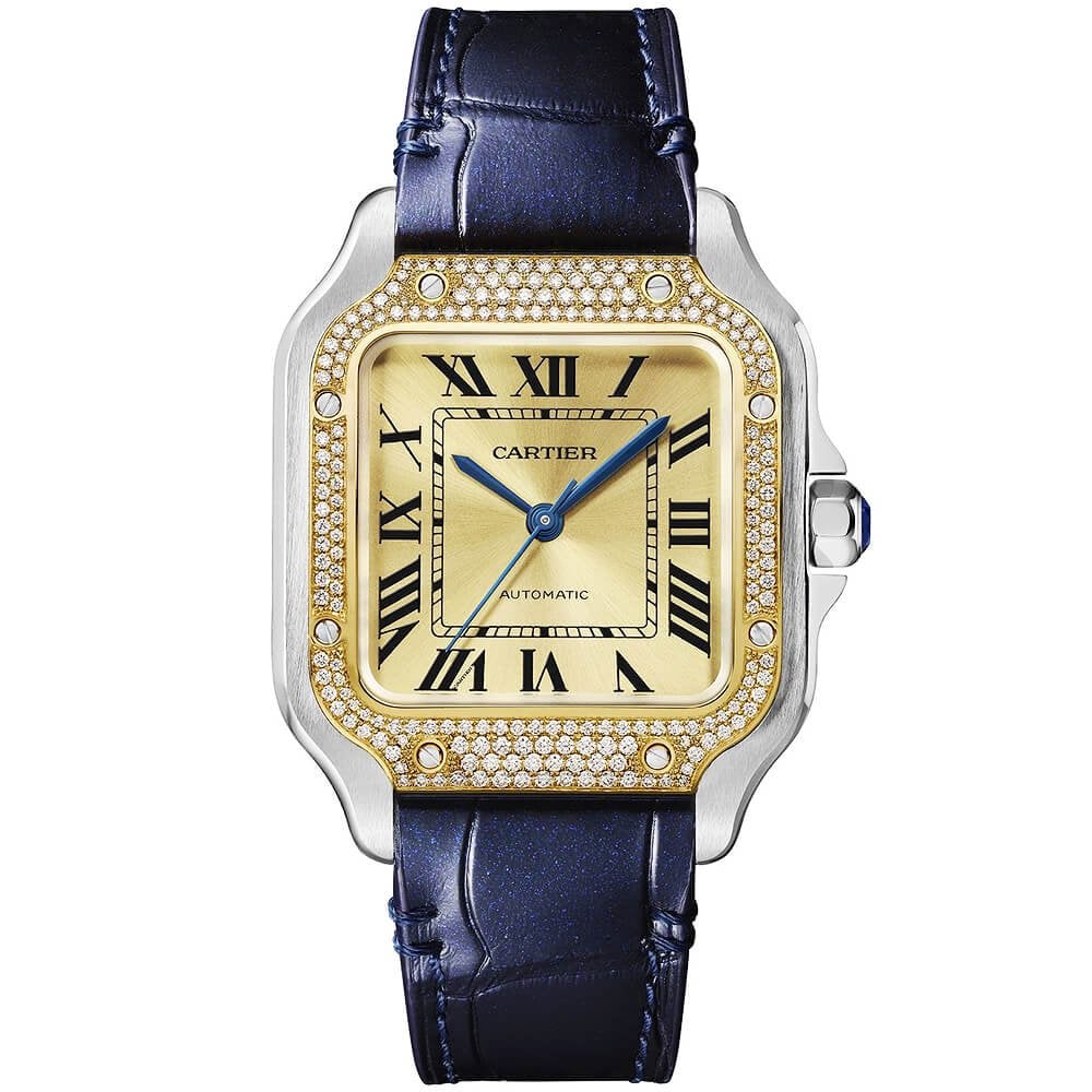 Cartier Santos de Cartier Medium Steel & 18ct Yellow Gold Diamond Set Watch - Berry's Jewellers