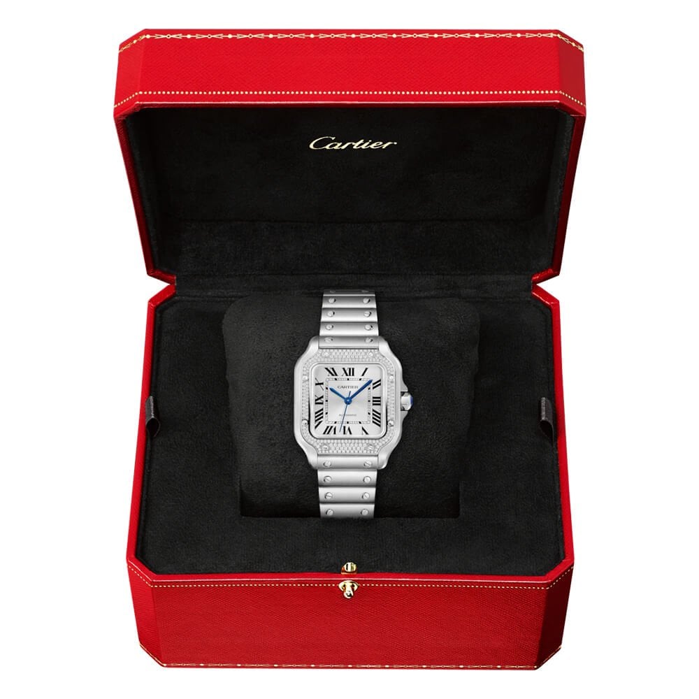 Cartier Santos de Cartier Medium Steel Diamond Set Bezel Bracelet/Strap Watch - Berry's Jewellers