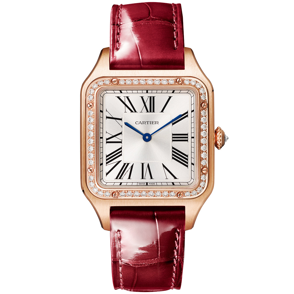 Cartier Santos-Dumont Large 18ct Rose Gold Silver Dial Diamond Bezel Watch - Berry's Jewellers