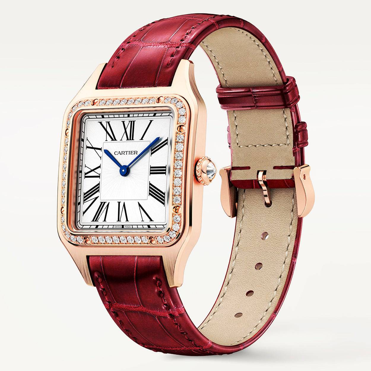 Cartier Santos-Dumont Large 18ct Rose Gold Silver Dial Diamond Bezel Watch - Berry's Jewellers