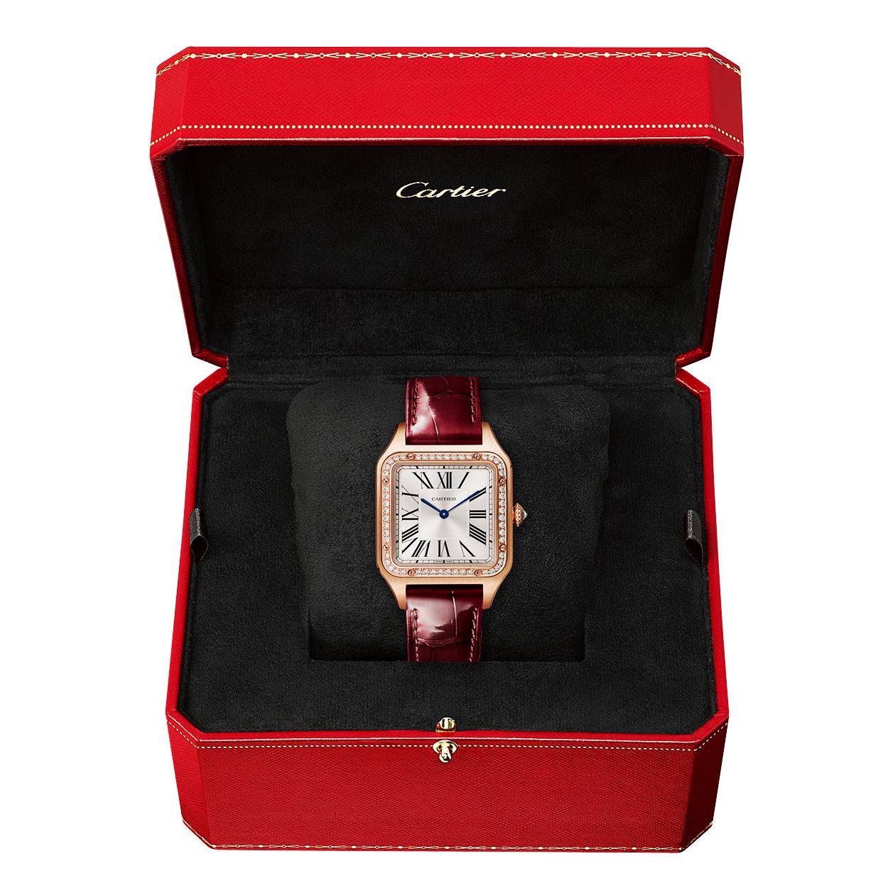 Cartier Santos-Dumont Large 18ct Rose Gold Silver Dial Diamond Bezel Watch - Berry's Jewellers