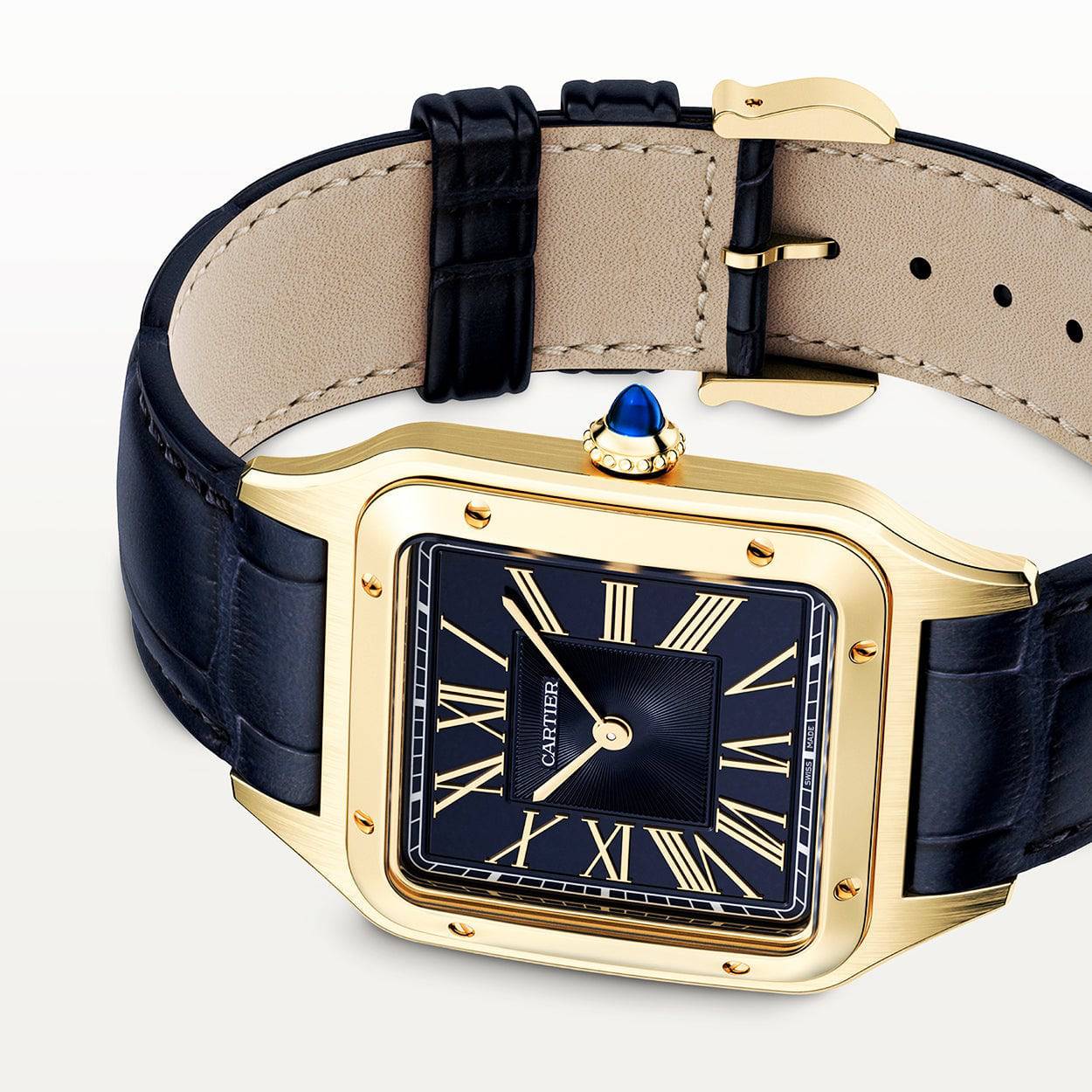 Cartier Santos-Dumont Large 18ct Yellow Gold Blue Dial Strap Watch - Berry's Jewellers