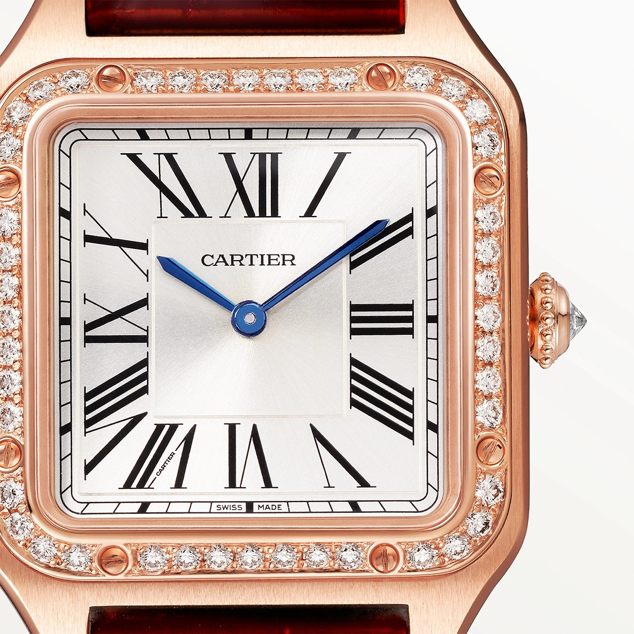 Cartier Santos-Dumont Small 18ct Rose Gold Silver Dial Diamond Set Bezel Strap Watch - Berry's Jewellers