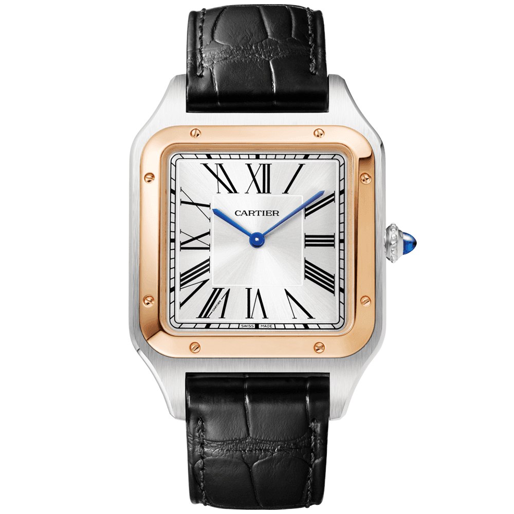 Cartier Santos-Dumont XL Steel & 18ct Rose Gold Silver Dial Leather Strap Watch - Berry's Jewellers