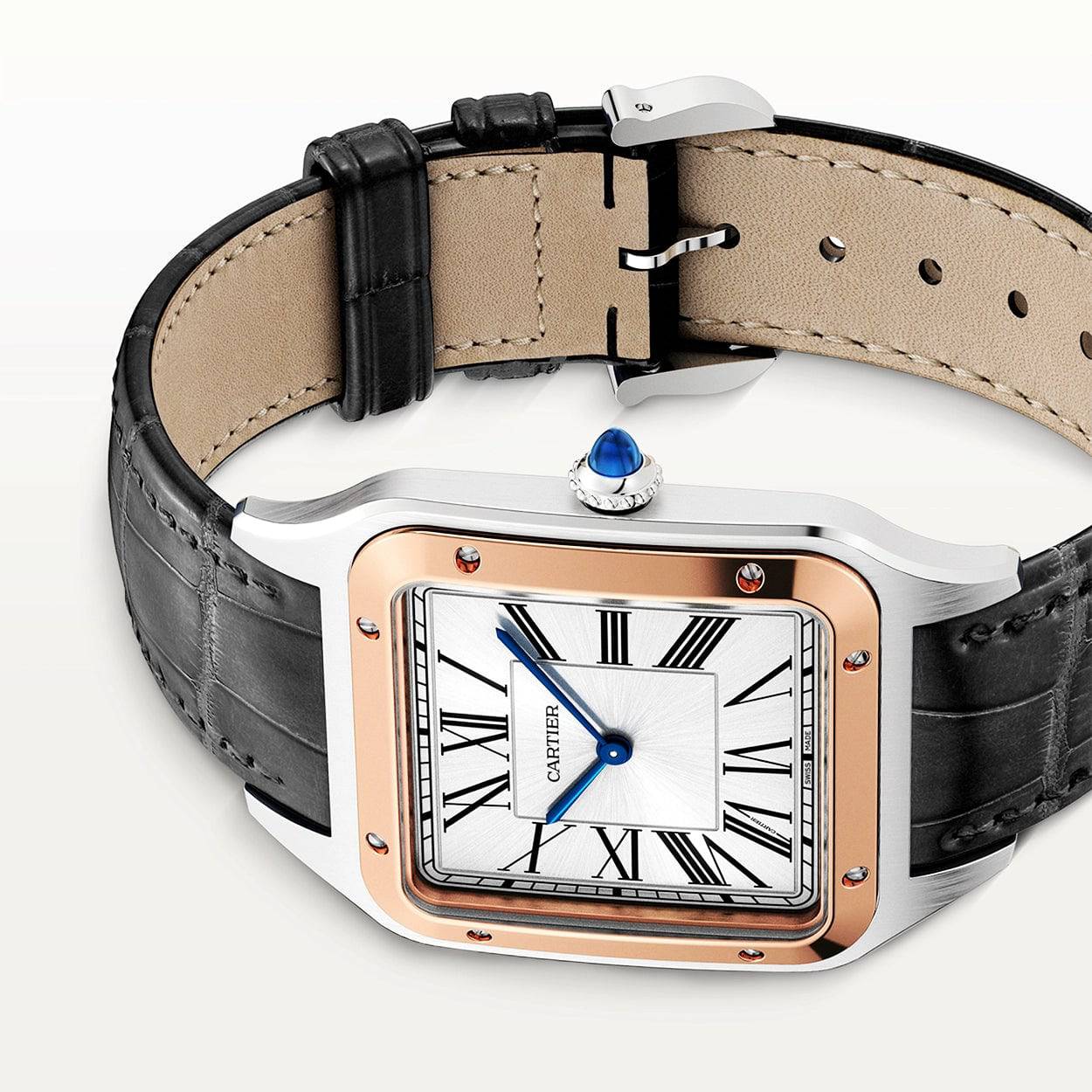 Cartier Santos-Dumont XL Steel & 18ct Rose Gold Silver Dial Leather Strap Watch - Berry's Jewellers