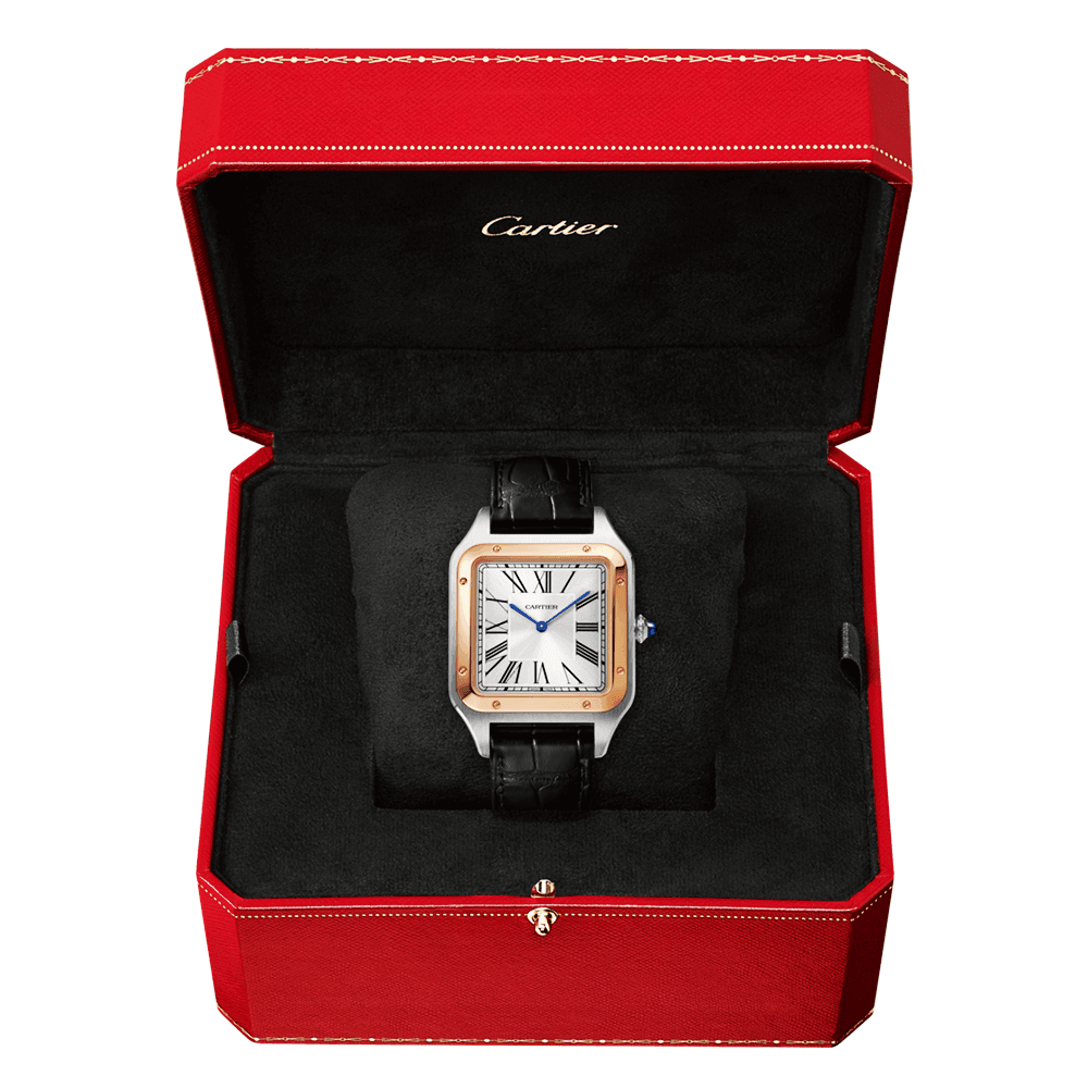 Cartier Santos-Dumont XL Steel & 18ct Rose Gold Silver Dial Leather Strap Watch - Berry's Jewellers