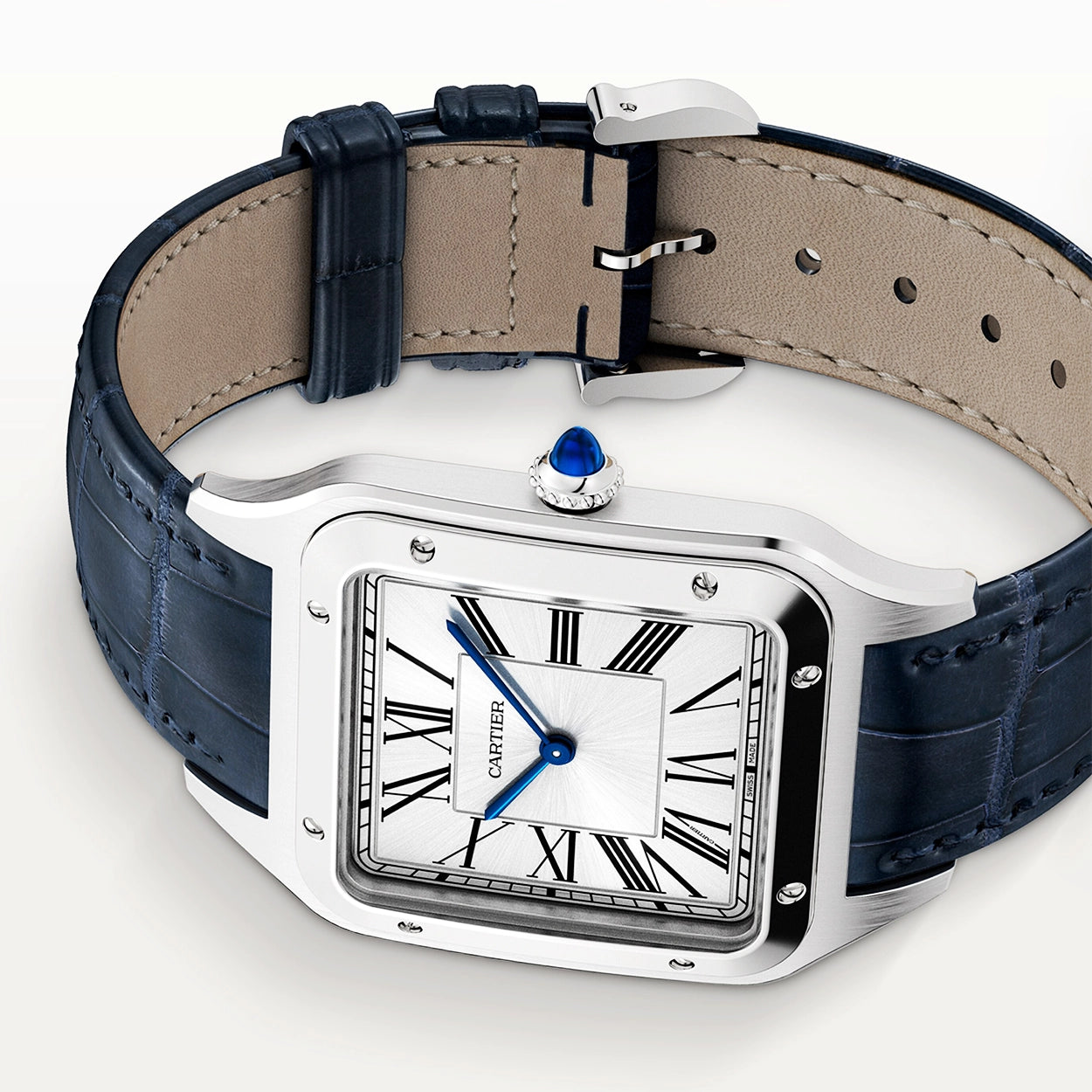 Cartier Santos-Dumont XL Steel & Silver Dial Leather Strap Watch - Berry's Jewellers