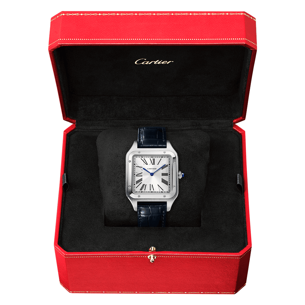 Cartier Santos-Dumont XL Steel & Silver Dial Leather Strap Watch - Berry's Jewellers