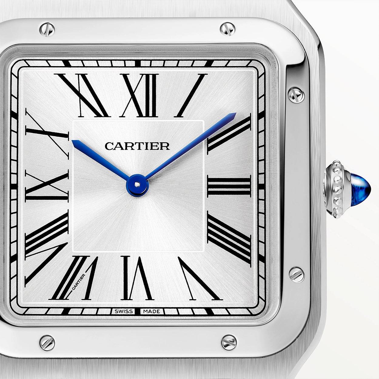 Cartier Santos-Dumont XL Steel & Silver Dial Leather Strap Watch - Berry's Jewellers