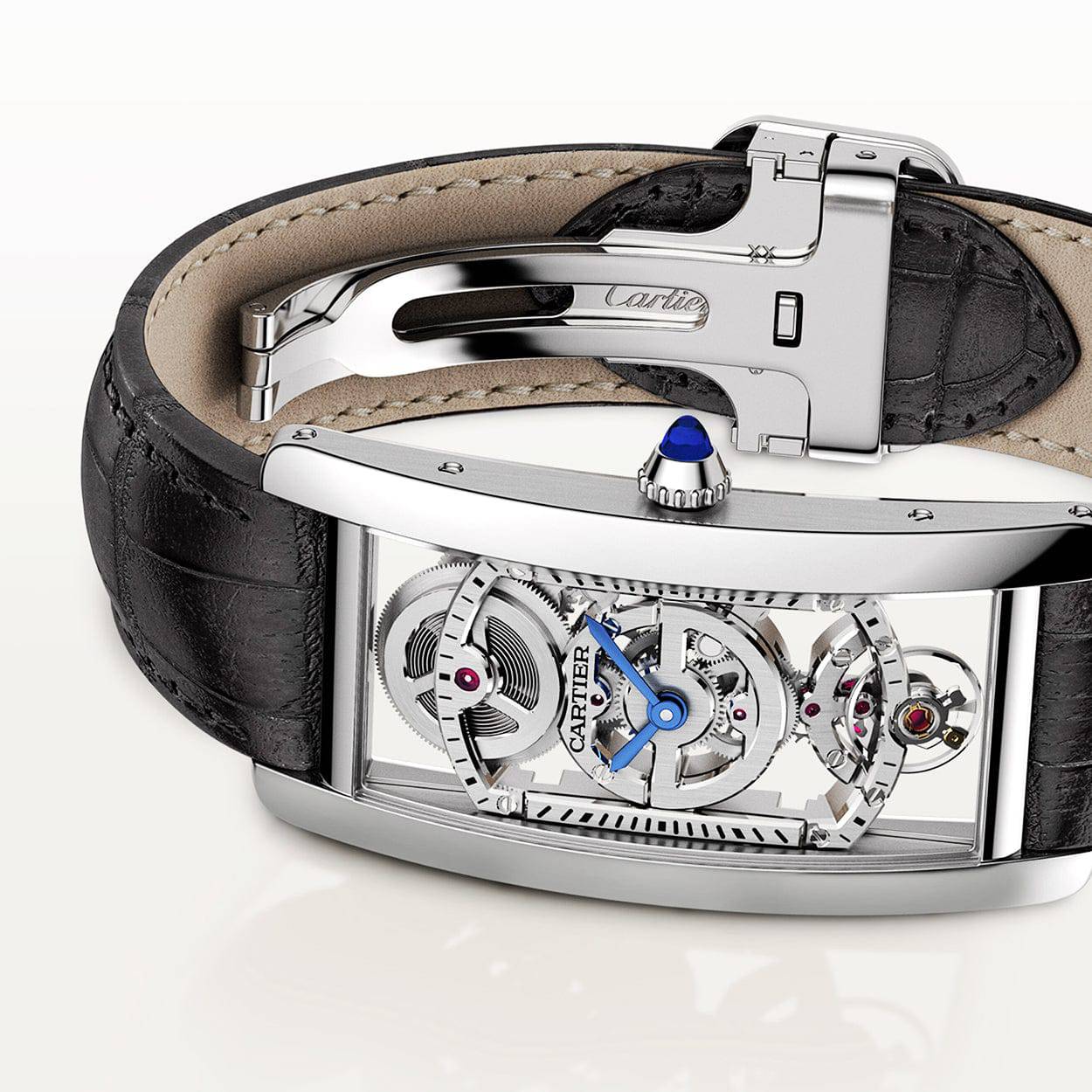 Cartier Tank Cintree Skeleton Large Platinum Leather Strap Watch - Berry's Jewellers