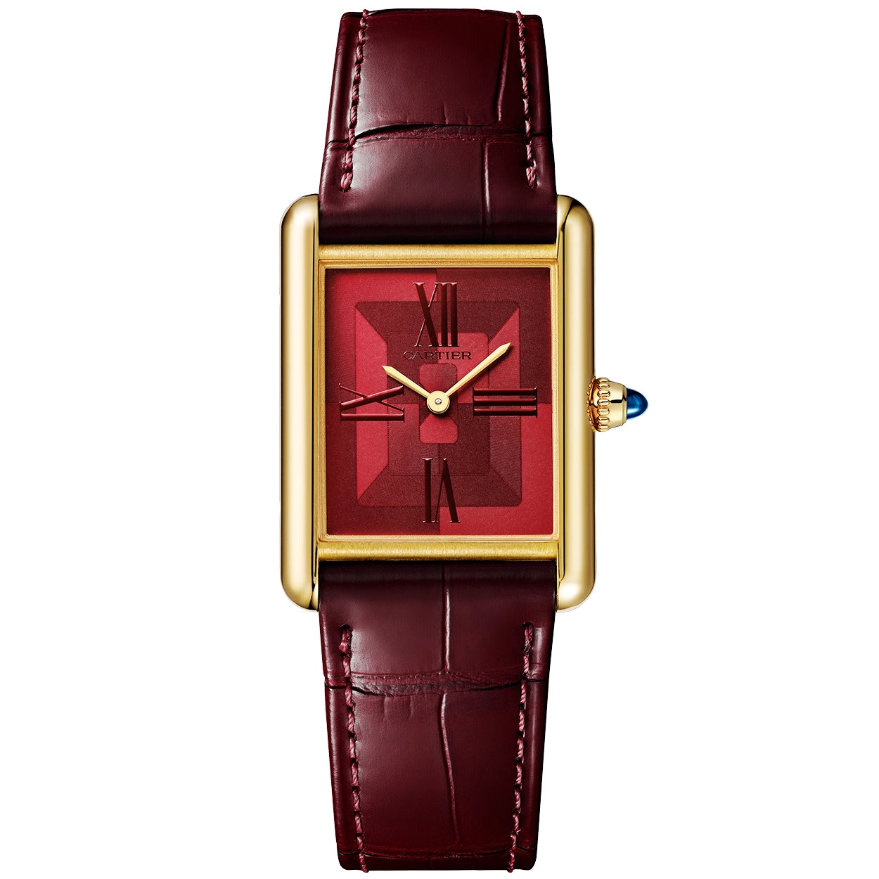 Cartier Tank Louis Cartier Large 18ct Yellow Gold Red Patterned Dial Watch - Berry's Jewellers