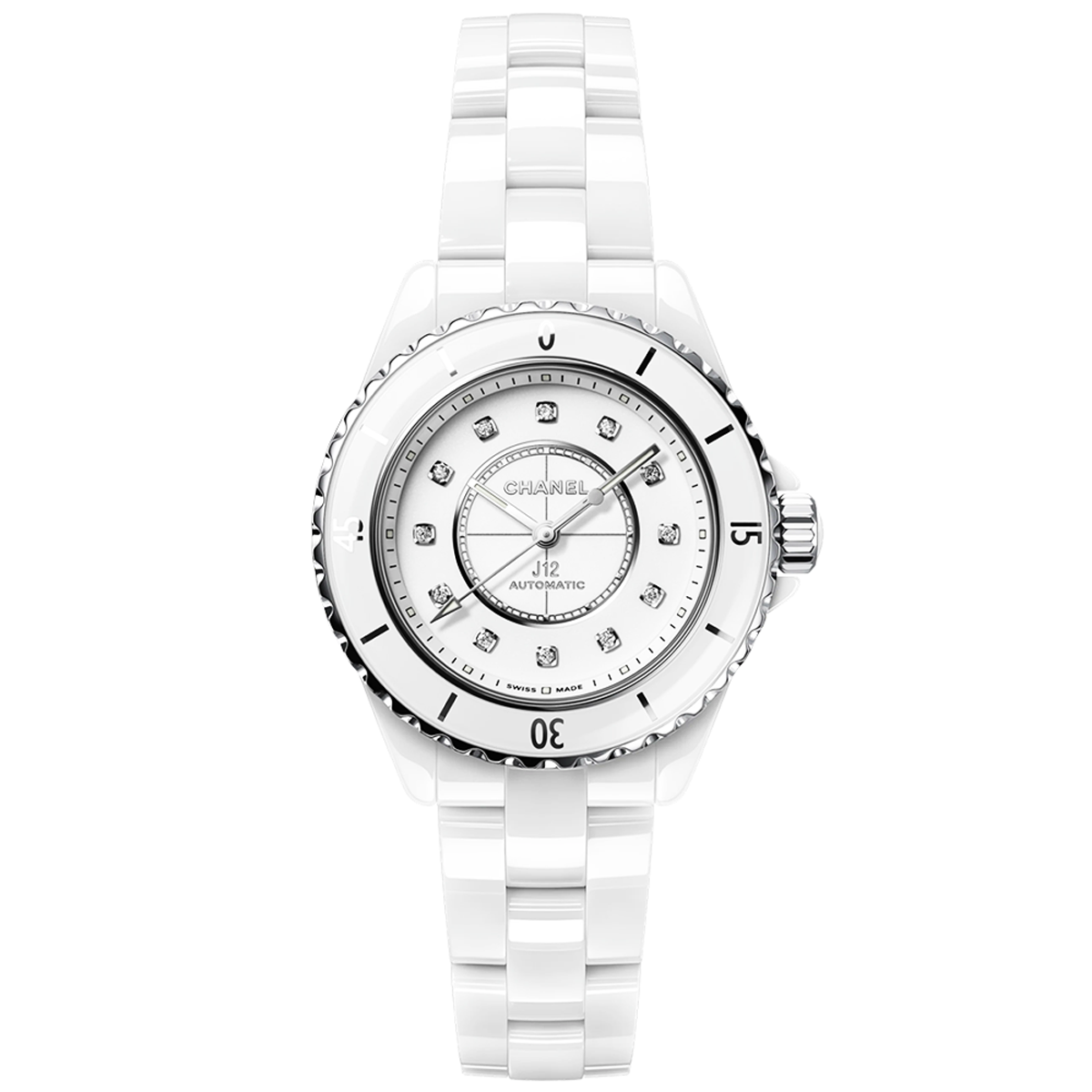 J12 33mm White Ceramic Diamond Dial Automatic Bracelet Watch