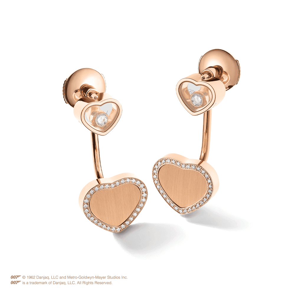 Chopard 18ct Rose Gold Happy Hearts James Bond 007 Limited Edition Diamond Drop Earrings - Berry's Jewellers