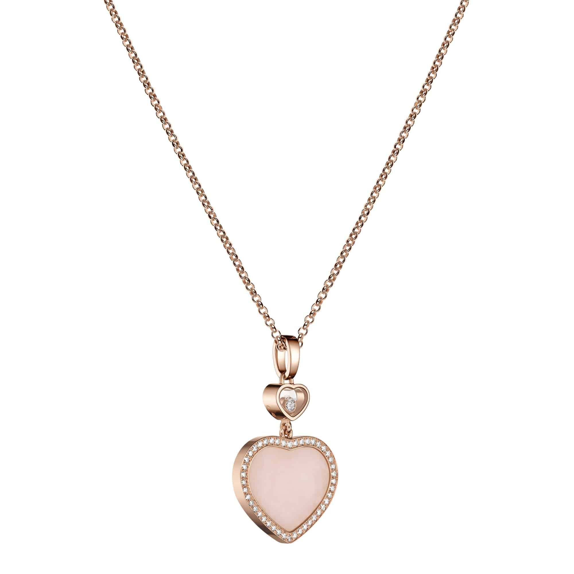 Chopard 18ct Rose Gold Happy Hearts Pink Opal & Diamond Surround Pendant - Berry's Jewellers