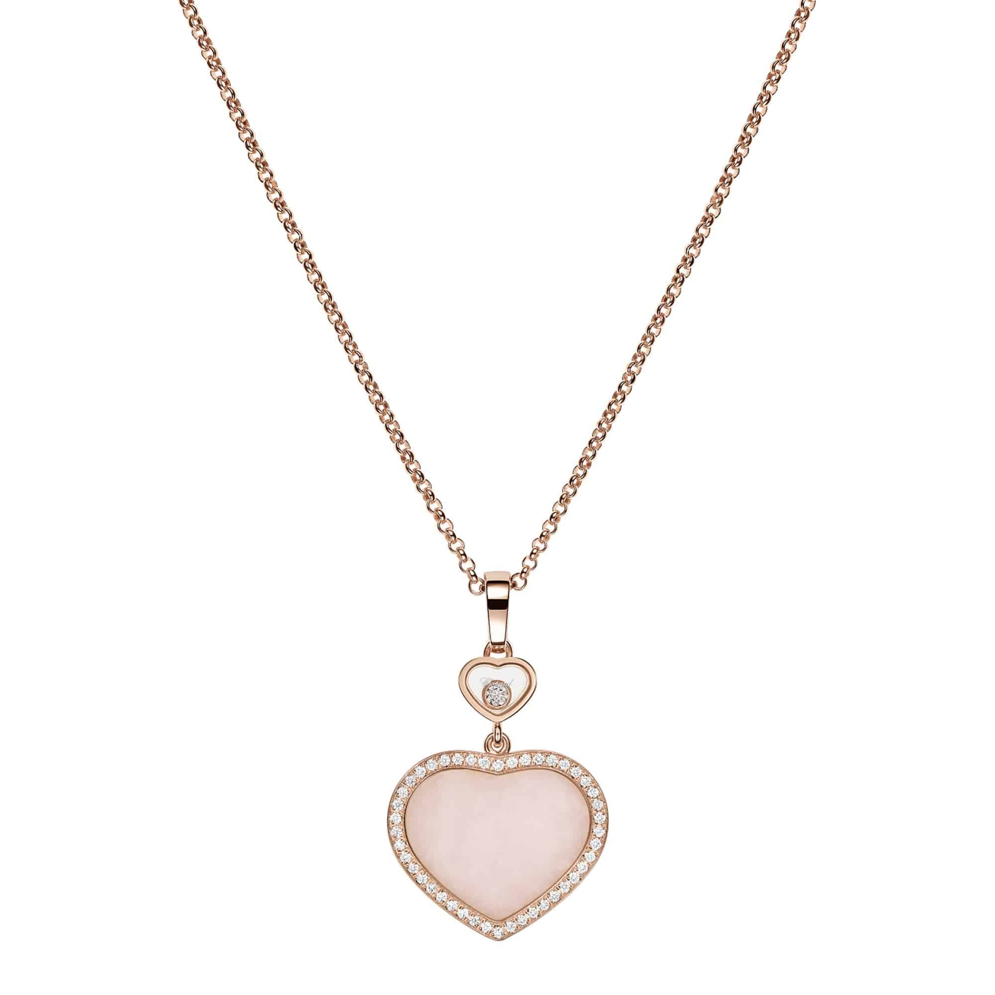 Chopard 18ct Rose Gold Happy Hearts Pink Opal & Diamond Surround Pendant - Berry's Jewellers