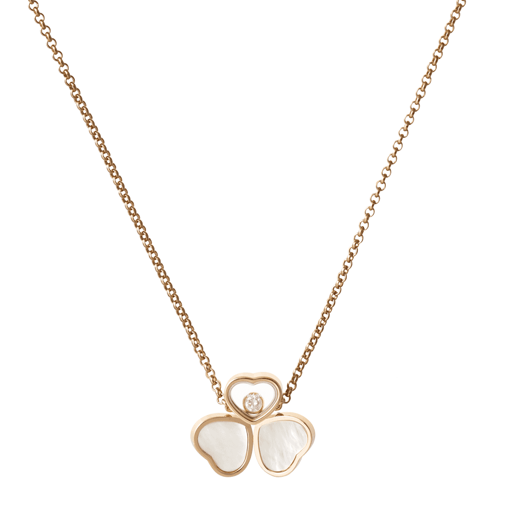 Chopard 18ct Rose Gold Happy Hearts Three Heart Pendant With Mother of Pearl And One Single Floating Diamond - Berry's Jewellers