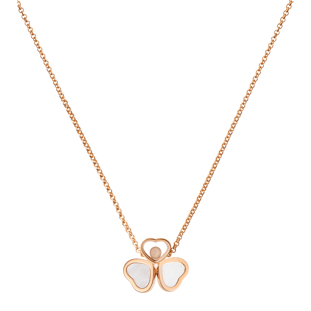 Chopard 18ct Rose Gold Happy Hearts Three Heart Pendant With Mother of Pearl And One Single Floating Diamond - Berry's Jewellers