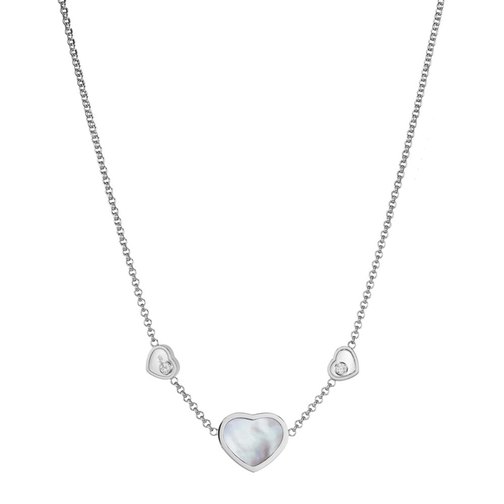 Chopard 18ct White Gold Happy Hearts Pendant With Mother of Pearl And Two Floating Diamonds - Berry's Jewellers