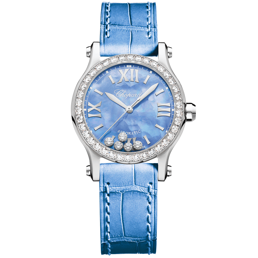 Chopard Happy Sport 30mm Floating Diamond Blue Mother of Pearl Dial & Bezel Watch - Berry's Jewellers