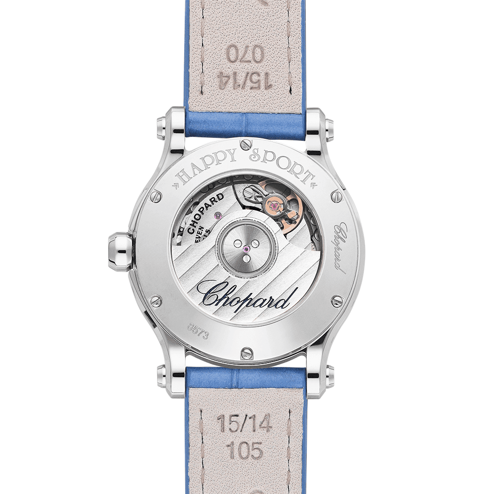 Chopard Happy Sport 30mm Floating Diamond Blue Mother of Pearl Dial & Bezel Watch - Berry's Jewellers