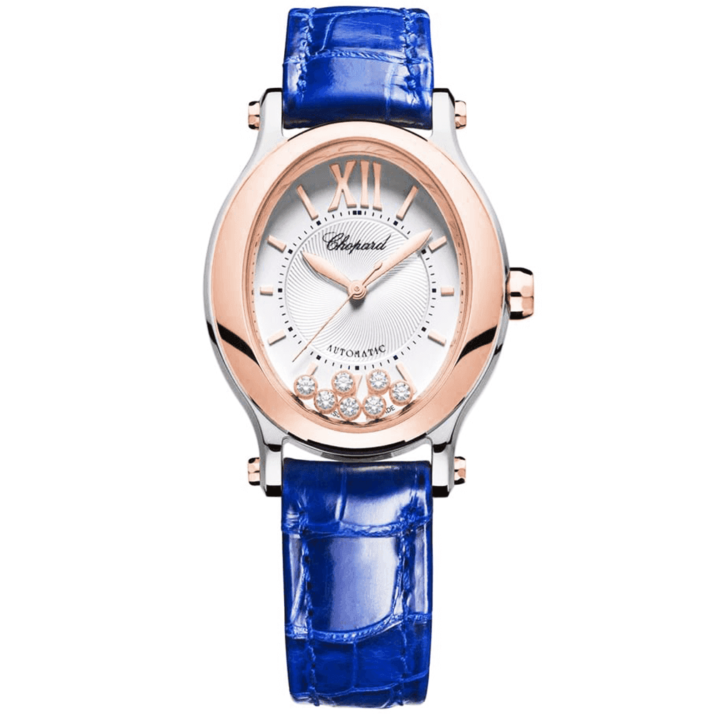 Happy Sport Oval Small Steel & 18ct Rose Gold Automatic Blue Leather Strap Watch