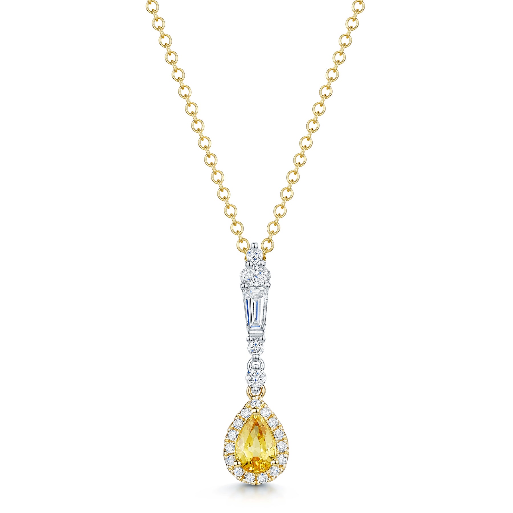 18ct Yellow & White Gold Pear Cut Yellow Sapphire Diamond Halo Pendant