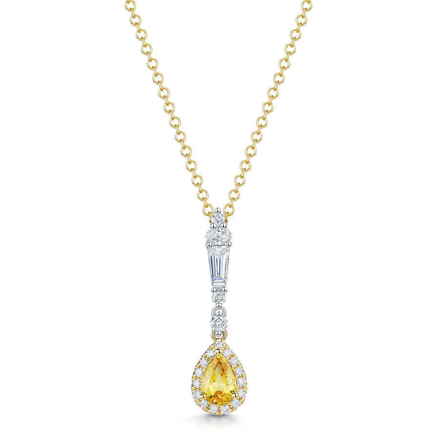 18ct Yellow & White Gold Pear Cut Yellow Sapphire Diamond Halo Pendant