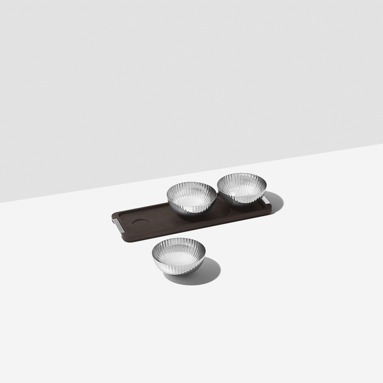 Georg Jensen Bernadotte Triple Bowl Set in Stainless Steel with Smoked Oak Serving Tray - Berry's Jewellers