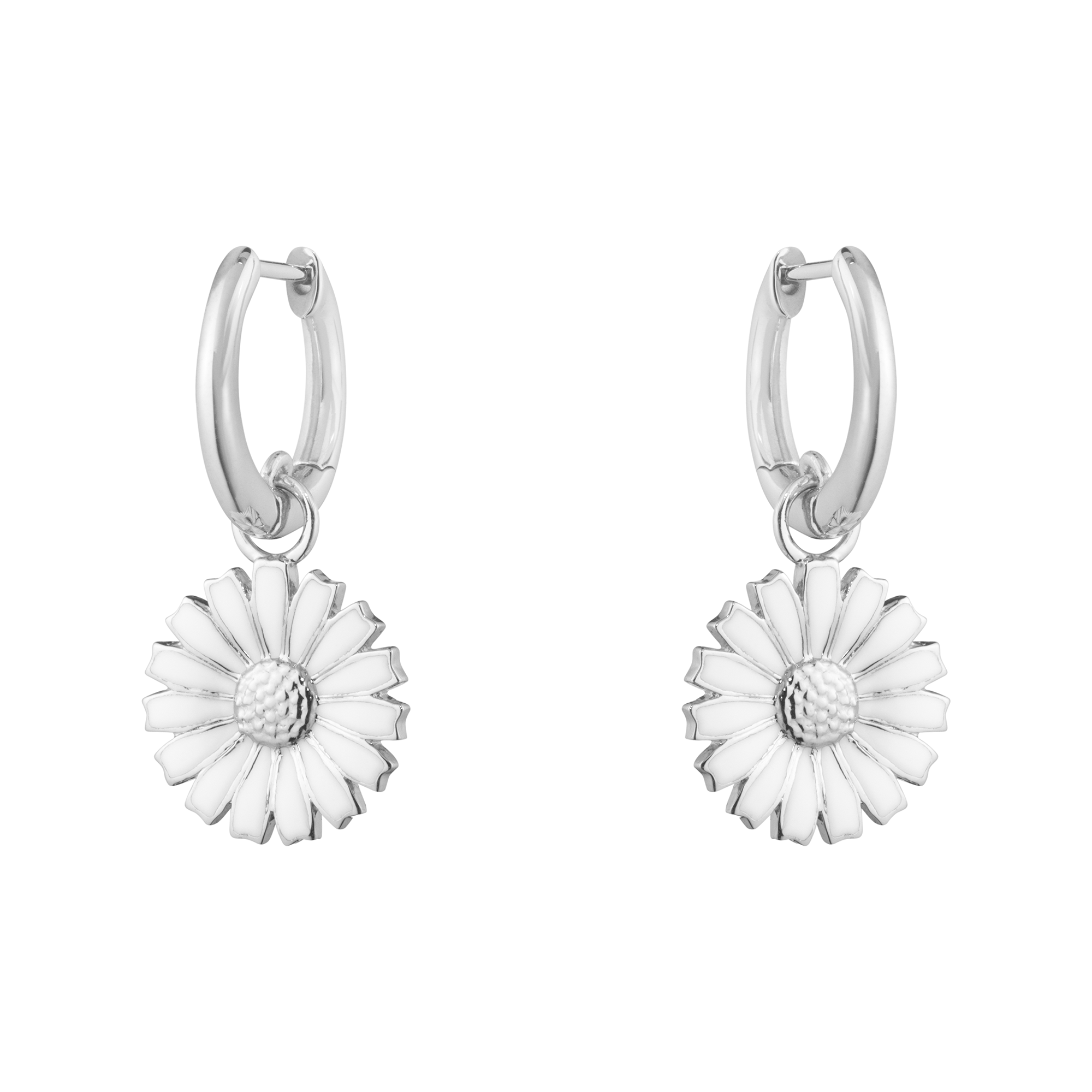 Daisy Silver And White Enamel Hoop Drop Earrings