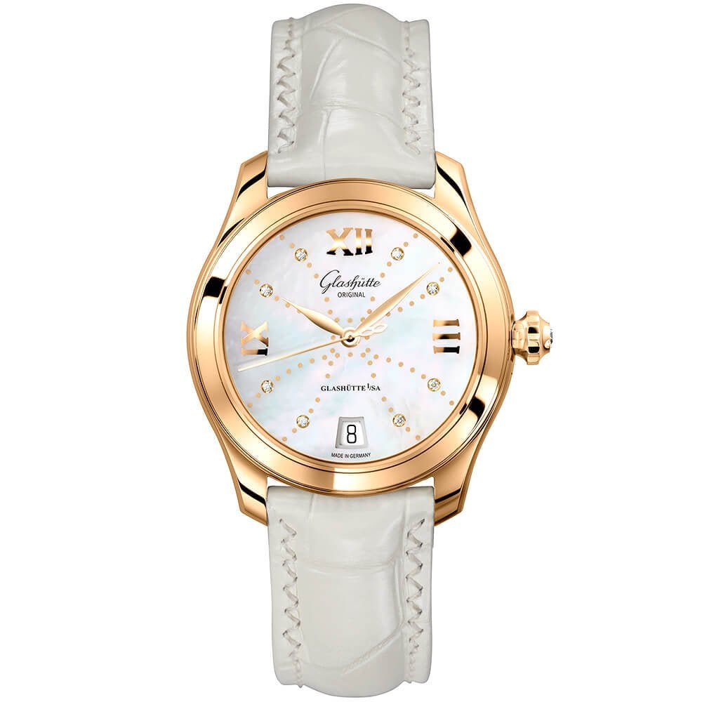 Glashütte Original Lady Serenade 36mm 18ct Rose Gold White Diamond Dial Ladies Strap Watch - Berry's Jewellers