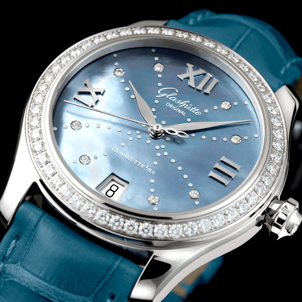 Glashütte Original Lady Serenade 36mm Blue Diamond Set Dial & Bezel Ladies Strap Watch - Berry's Jewellers