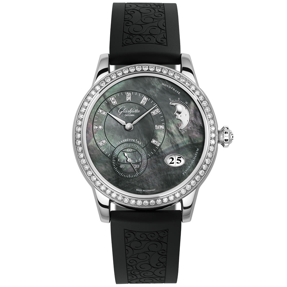 Glashütte Original PanoMatic Luna 39mm Black Tahiti Mother of Pearl Dial Ladies Strap Watch - Berry's Jewellers